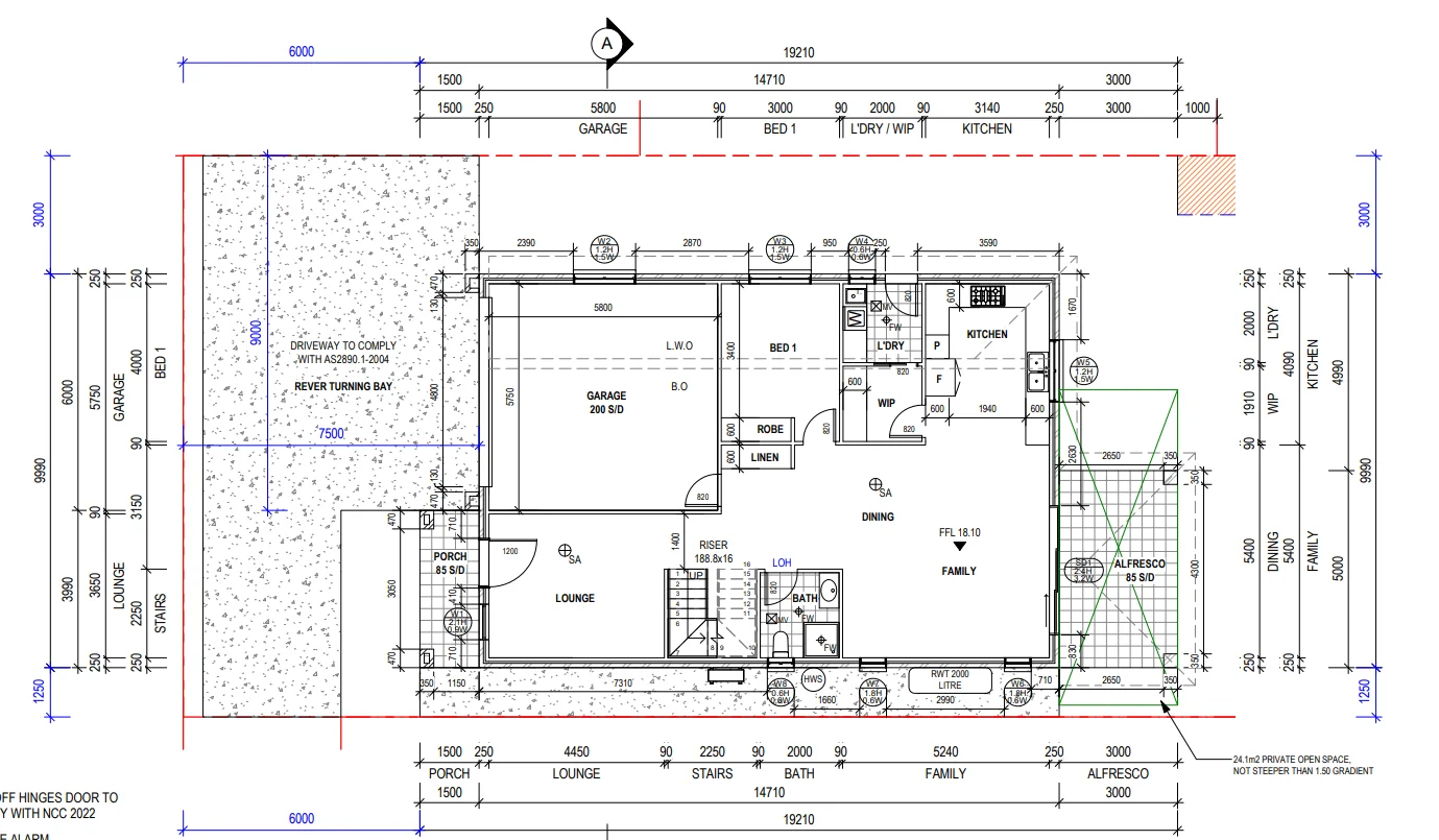 Ground floor plan as issued by the builder — garage, kitchen, laundry, bathroom and alfresco, dimensioned at 1:100