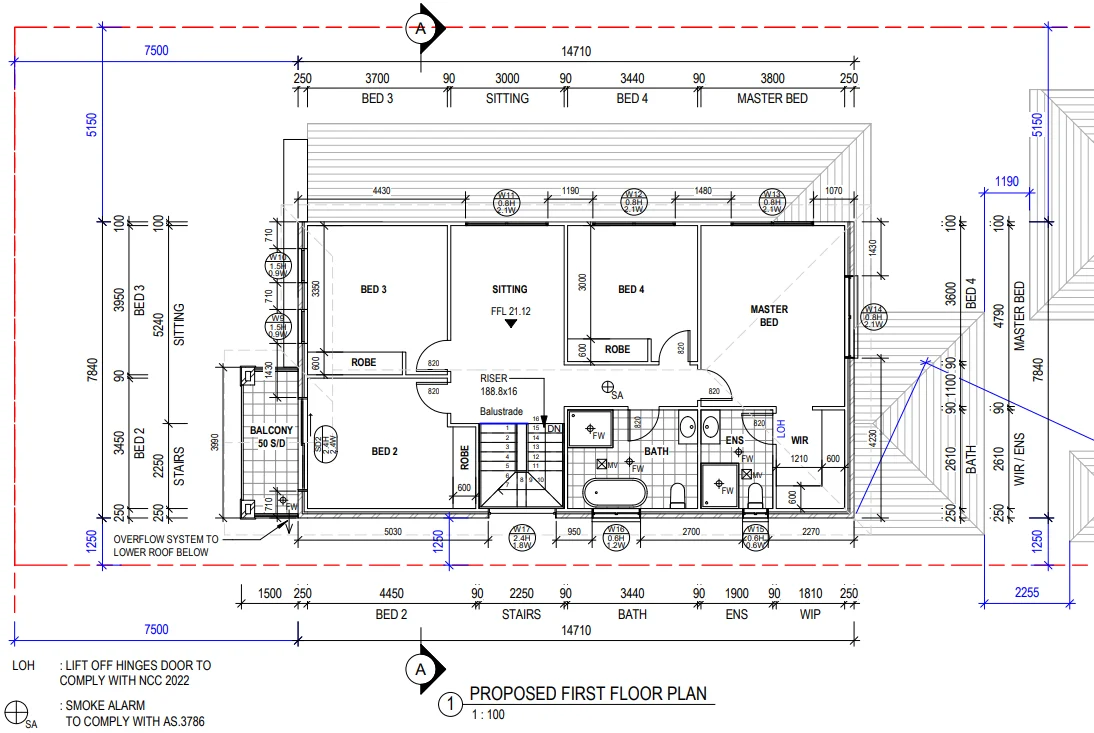First floor plan as issued by the builder — four bedrooms, ensuite, bathroom and balcony, dimensioned at 1:100