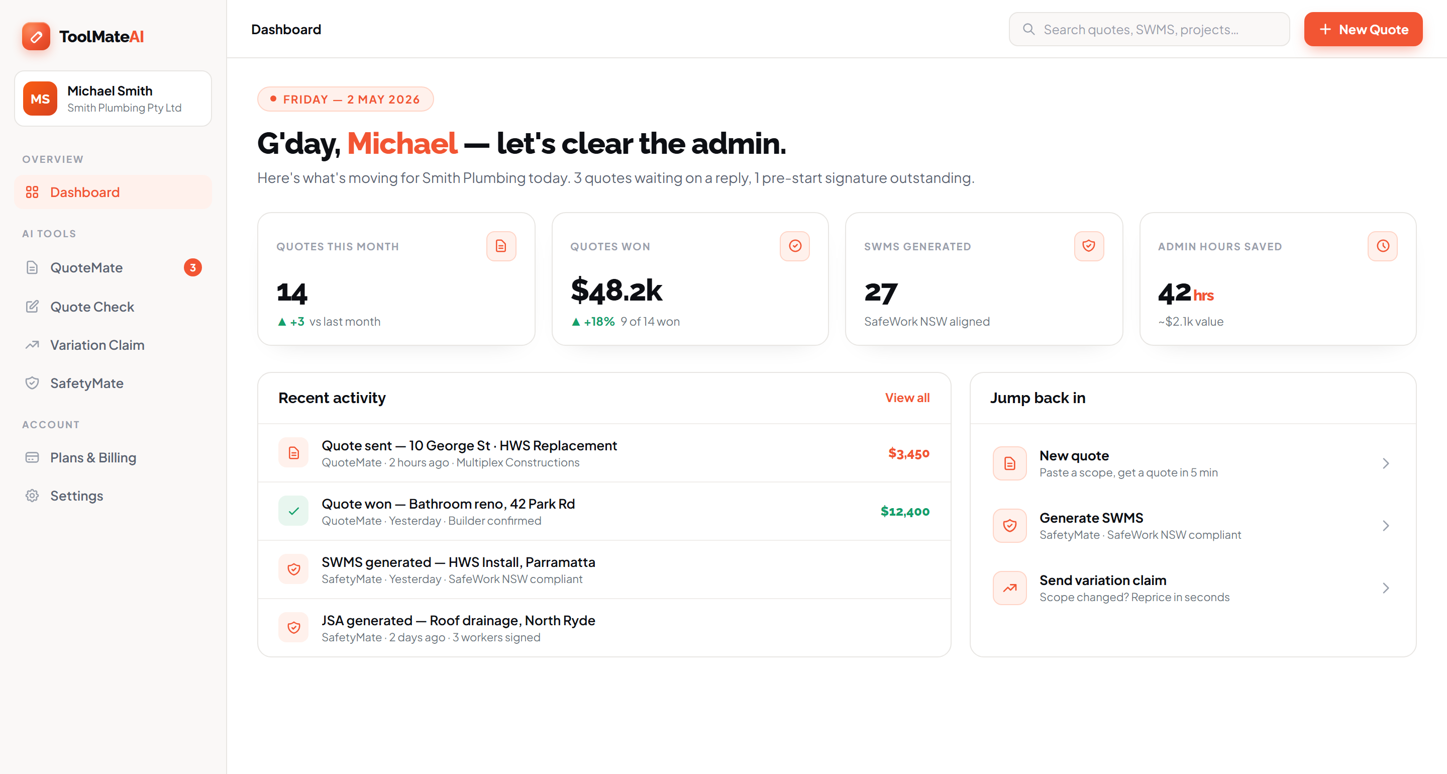 ToolMate AI dashboard showing quotes, SWMS and admin hours saved